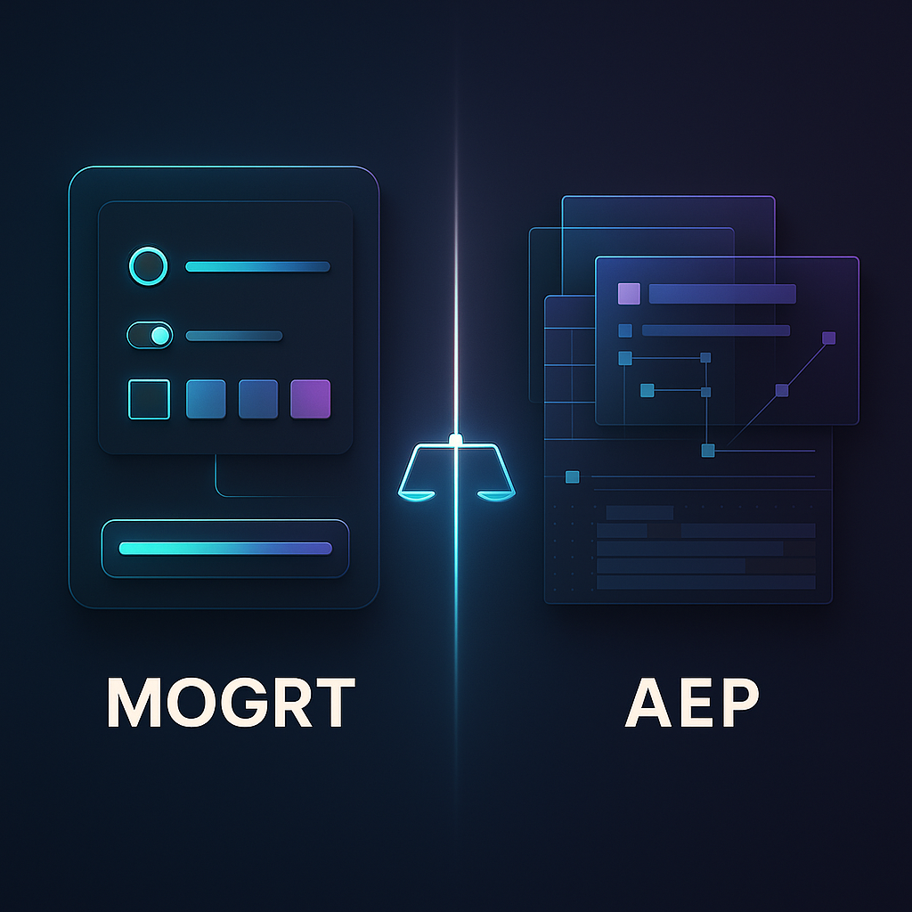 Comparison of After Effects MOGRT and AEP templates user interfaces and workflow