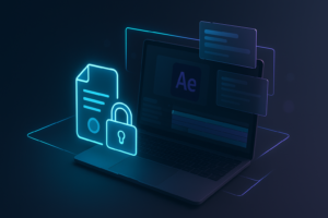 Illustration showing concepts of After Effects template licensing with video and design elements