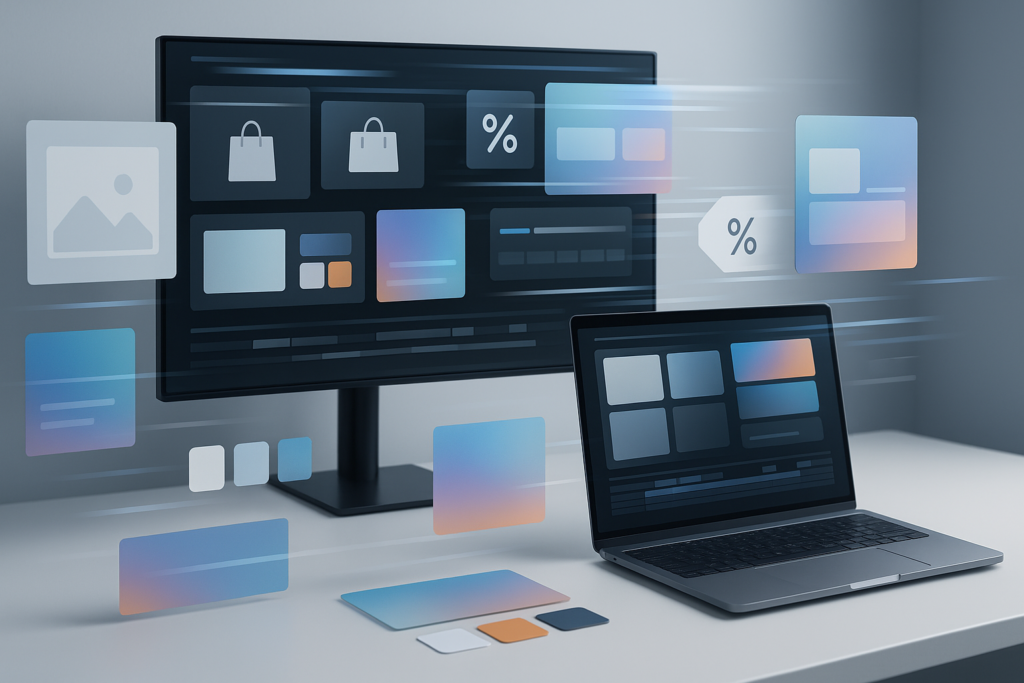 Illustration of ecommerce video ads created with After Effects templates showing product showcase and animated graphics
