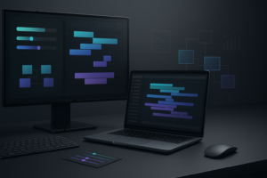 Creative After Effects templates on a computer screen used for client video projects