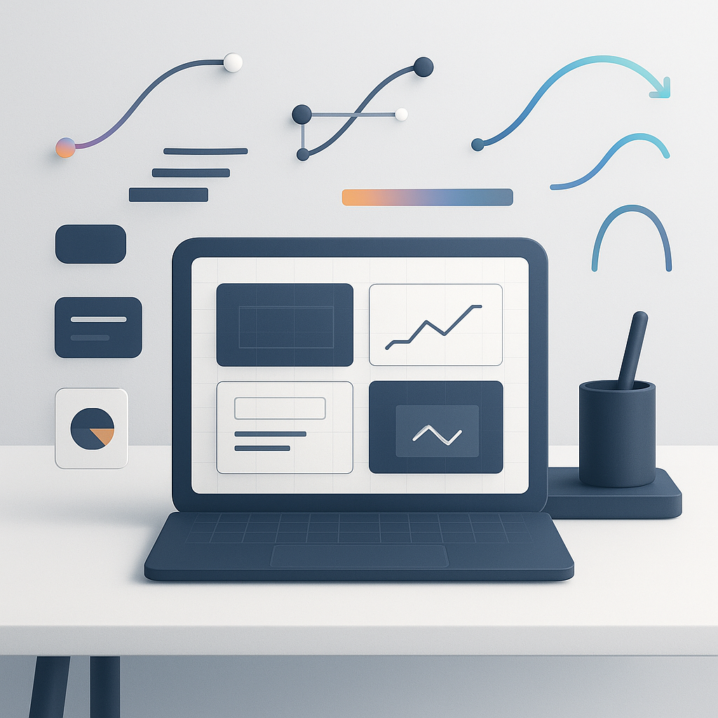 Illustration representing a motion design style guide with animated UI elements and brand visuals