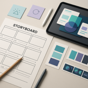 Example of a motion graphics storyboard with panels showing animated sequences and client notes