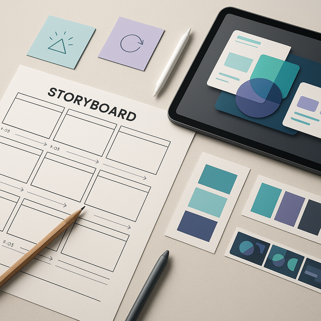 Example of a motion graphics storyboard with panels showing animated sequences and client notes