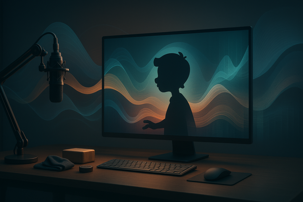 Grafika przedstawiająca proces projektowania dźwięku do animacji z elementami fal dźwiękowych i kinematograficznymi